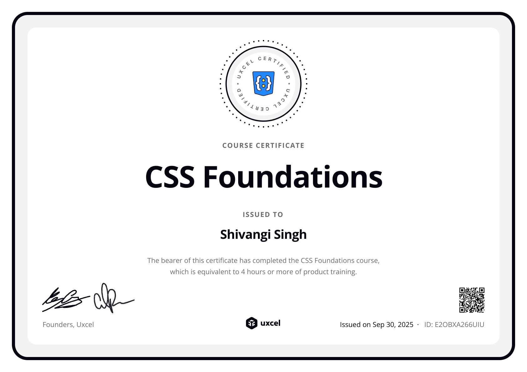 Shivangi Singh's certificate
